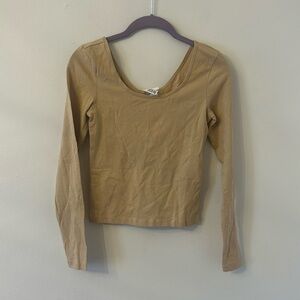 H&M Beige Low-cut Neckline Slim Fit Long-sleeved Cotton Blouse Top Size Small